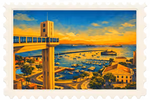 Ilustração em formato de selo postal de Salvador, Bahia